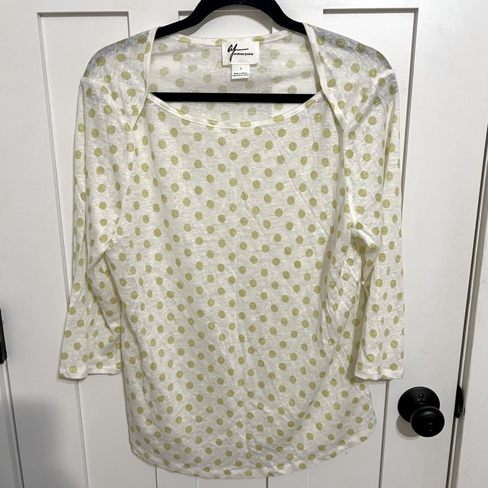 AJ Andrea Jovine 100% Linen Top Cream Yellow Polka Dot 3/4 Sleeve Shirt Size L